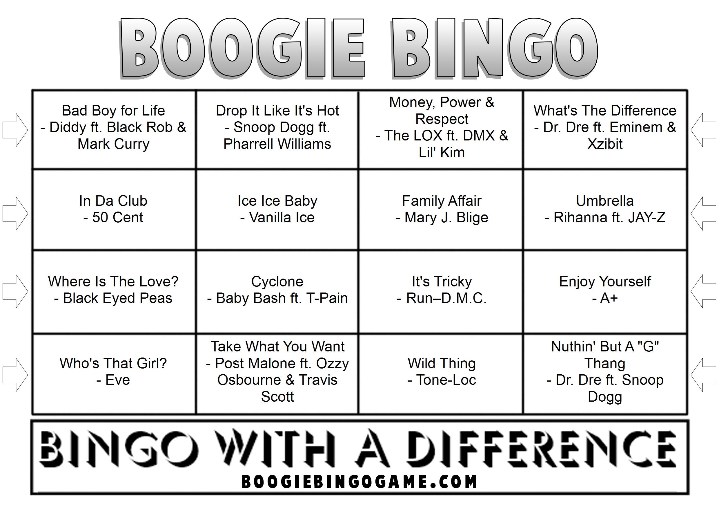 Game 133 | Hip Hop Classics | Boogie Bingo | Printable Music Bingo Tickets