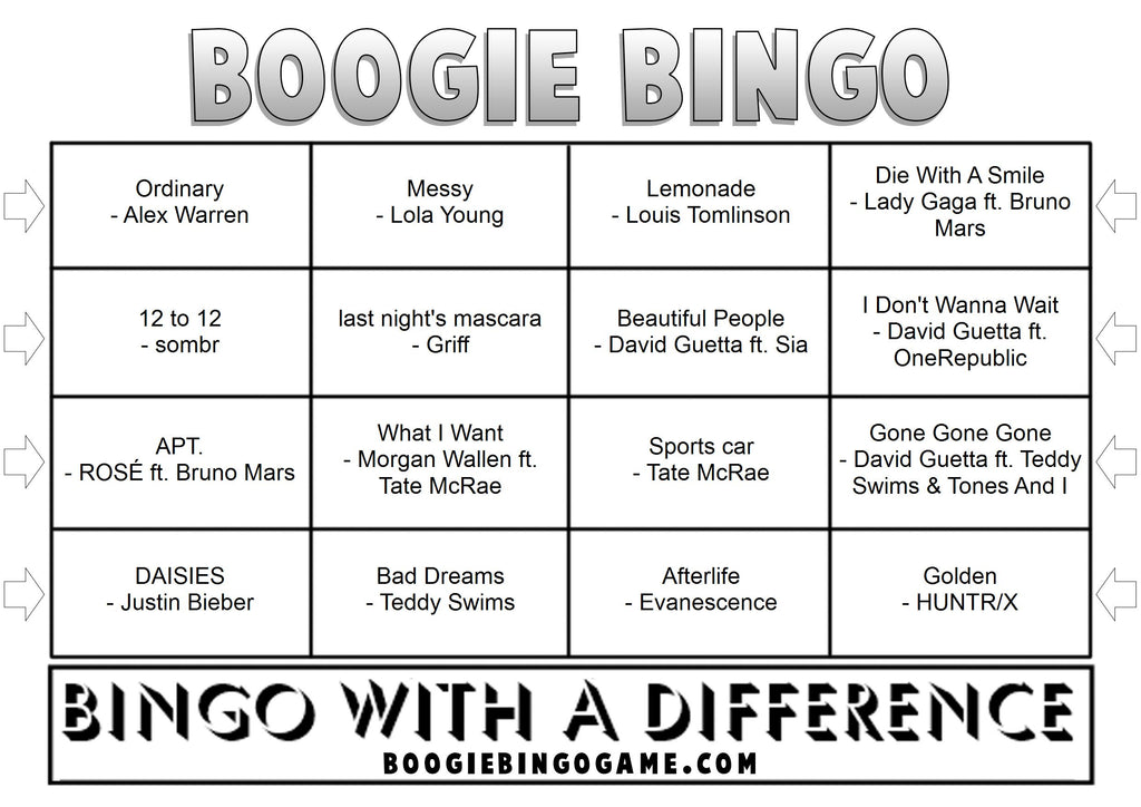 Game 125 | Hits of 2025 | Printable Music Bingo Tickets