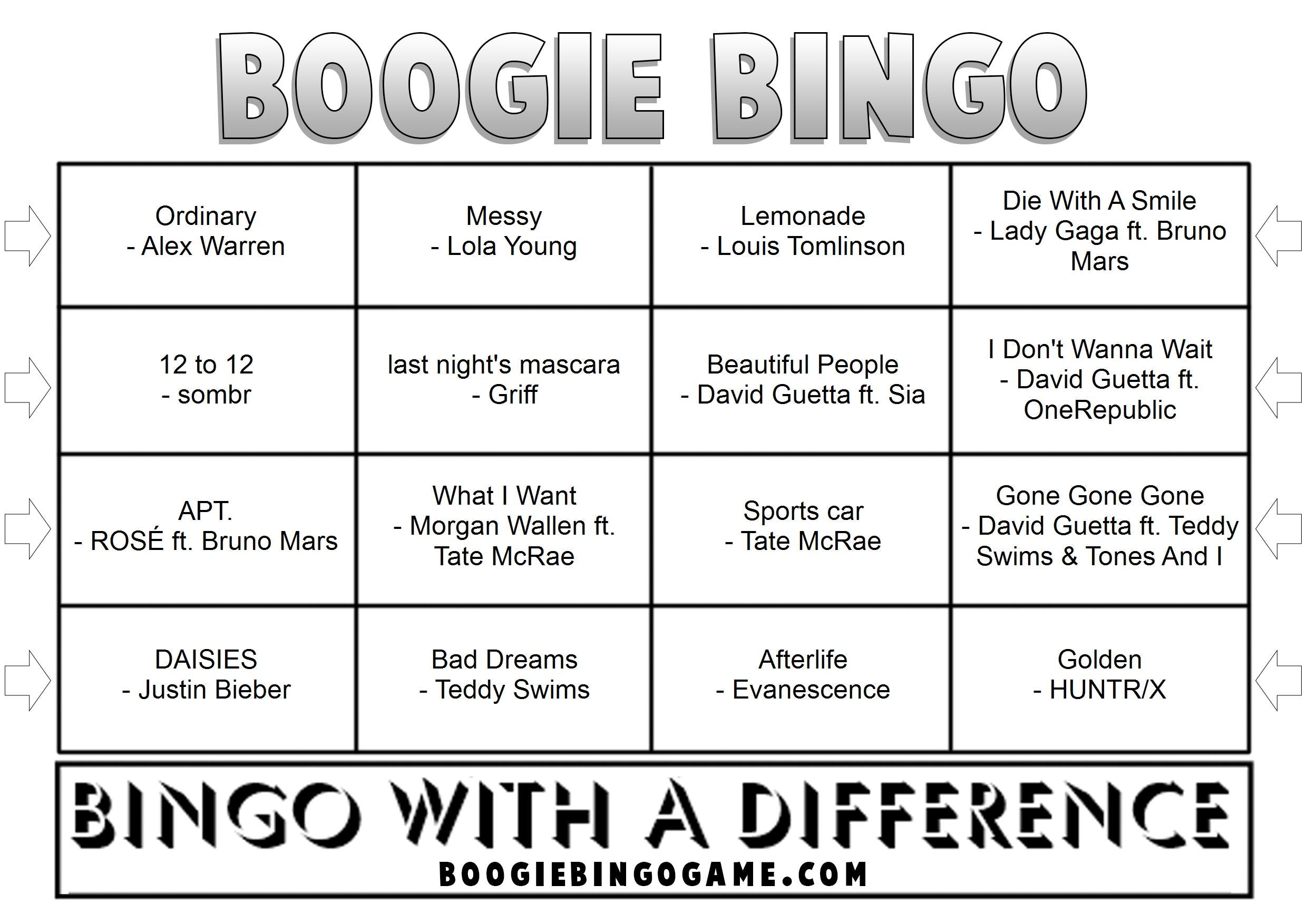 Game 125 | Hits of 2025 | Printable Music Bingo Tickets