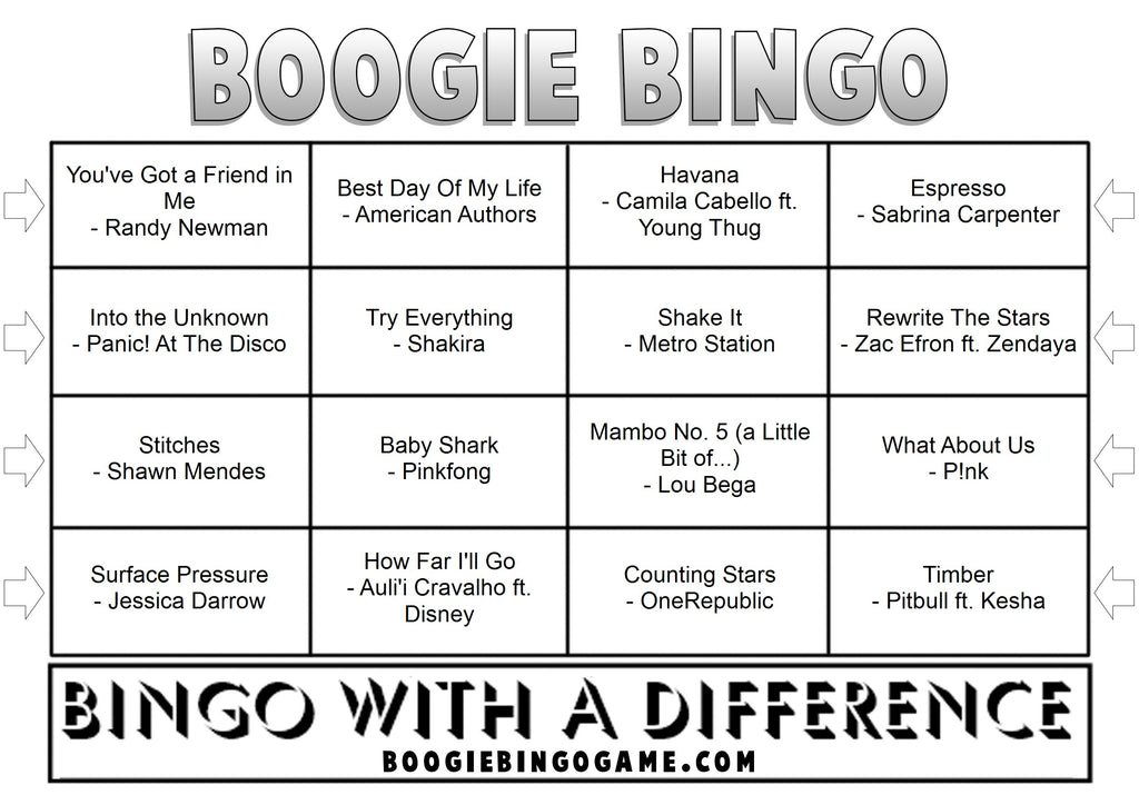 Kids Party Hits music bingo game with printable tickets featuring Happy and Can't Stop the Feeling