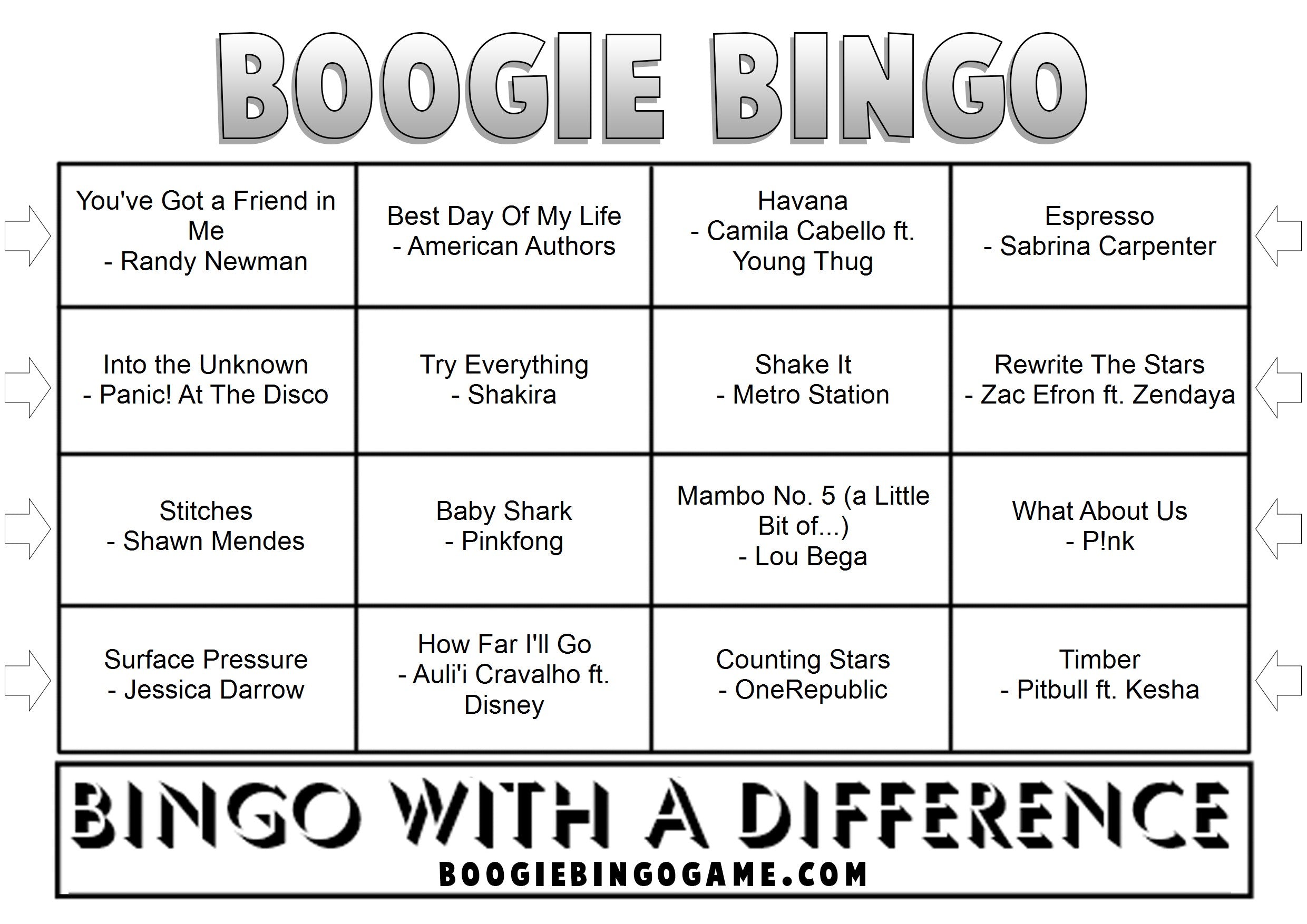 Kids Party Hits music bingo game with printable tickets featuring Happy and Can't Stop the Feeling