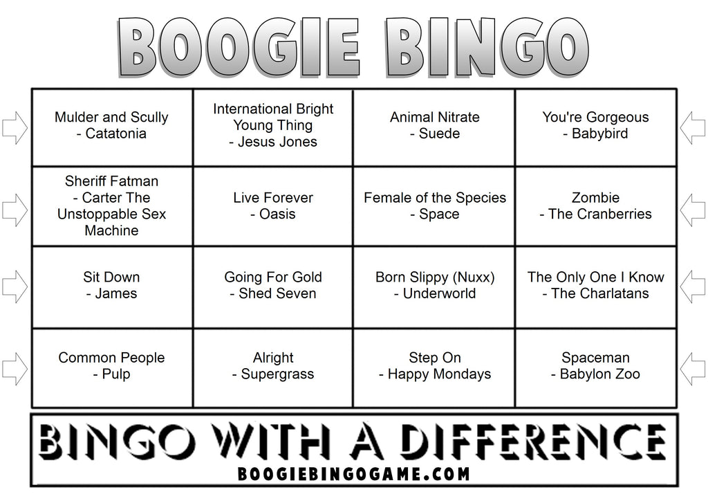 Game 142 | 90s Britpop | Boogie Bingo | Printable Music Bingo Tickets