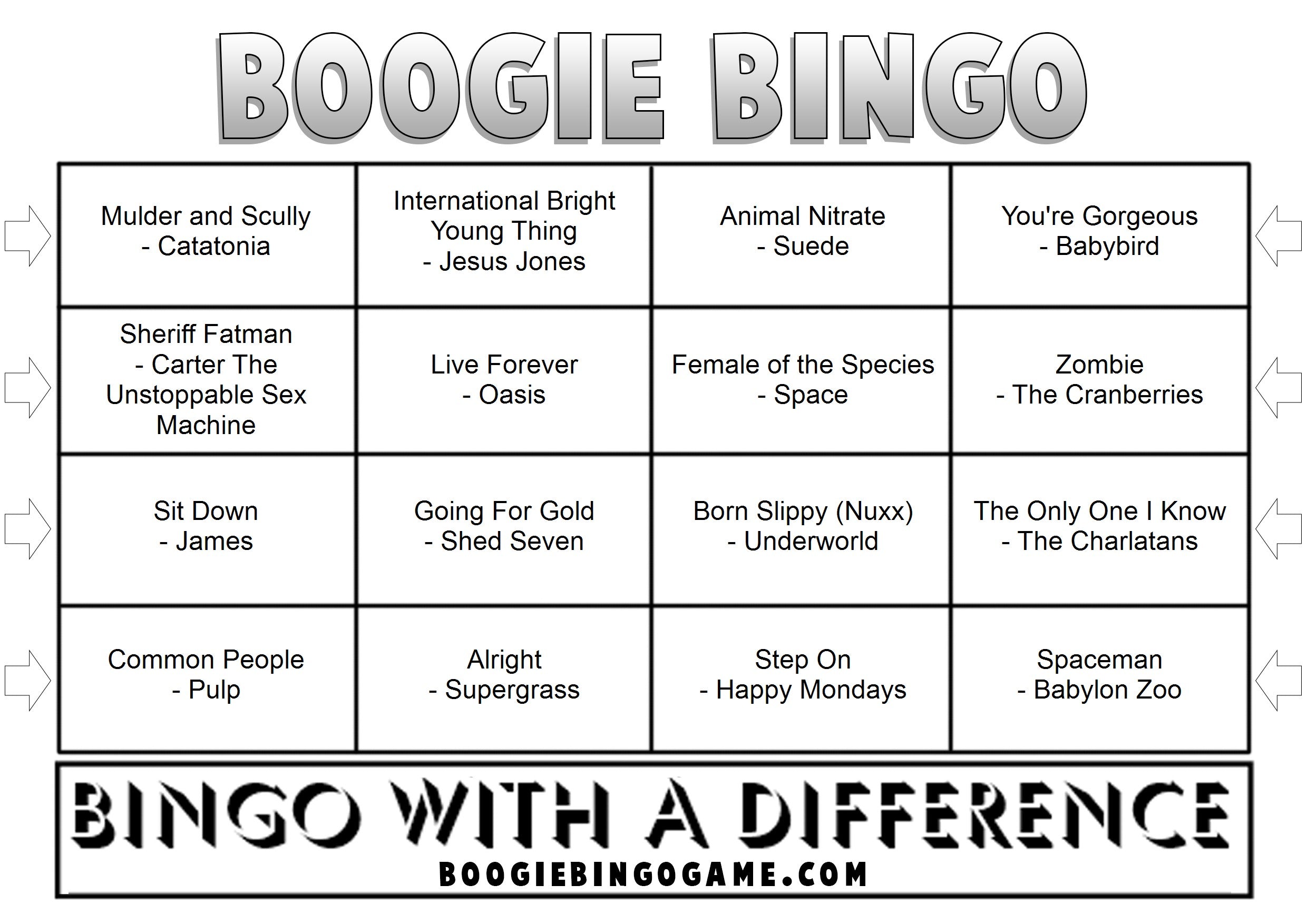 Game 142 | 90s Britpop | Boogie Bingo | Printable Music Bingo Tickets