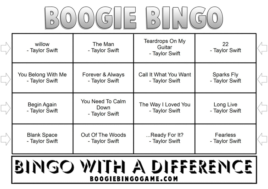 Taylor Swift Era music bingo printable game tickets with Spotify playlist and 48 classic songs