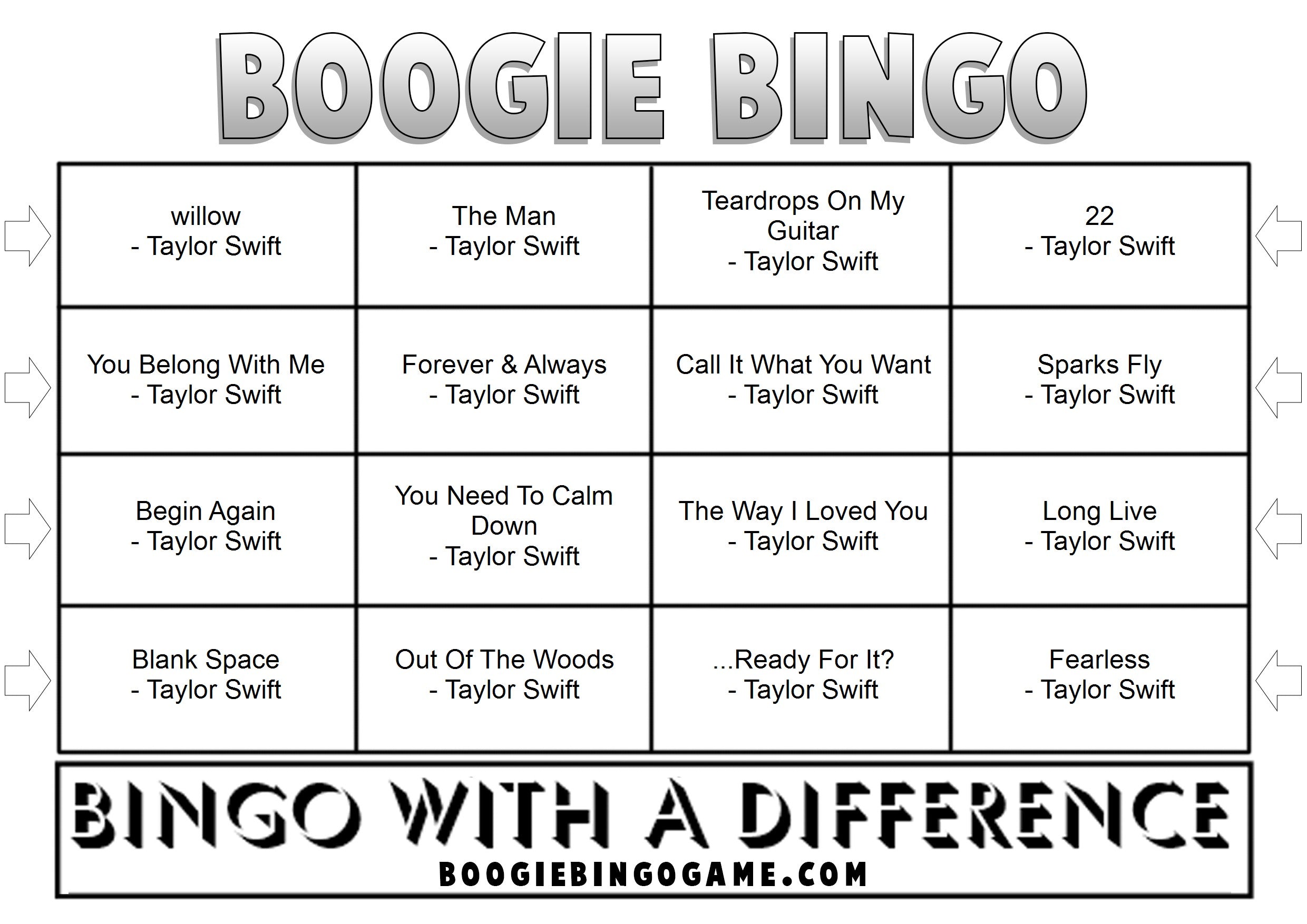 Taylor Swift Era music bingo printable game tickets with Spotify playlist and 48 classic songs