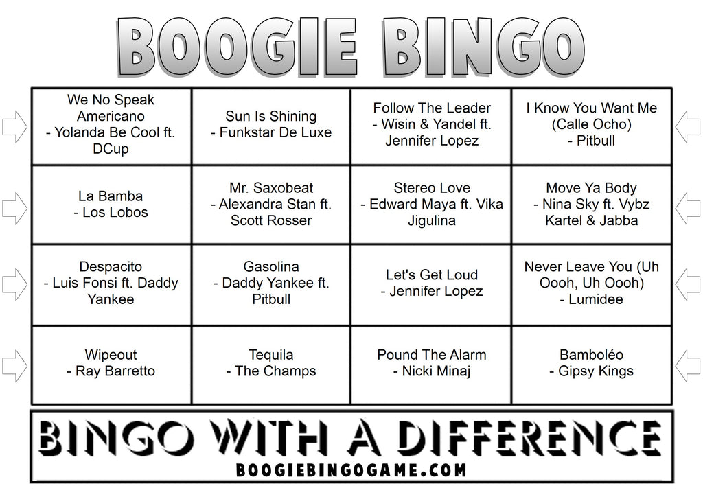 Game 135 | Latin Party | Boogie Bingo | Printable Music Bingo Tickets
