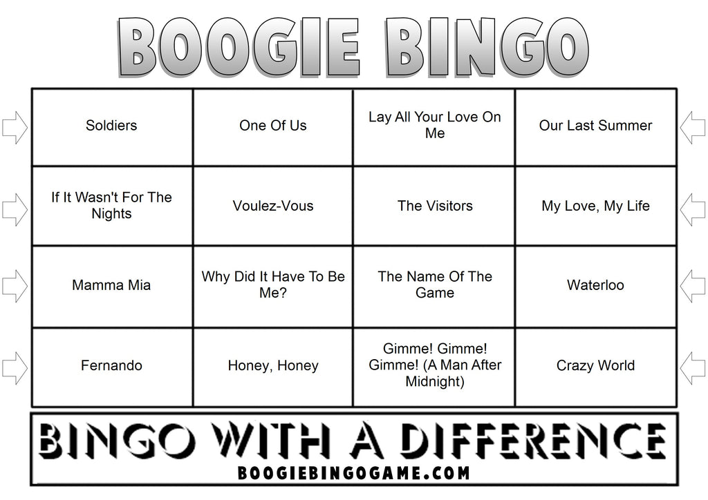 Printable ABBA music bingo cards with 48 classic hits including Waterloo and Super Trouper