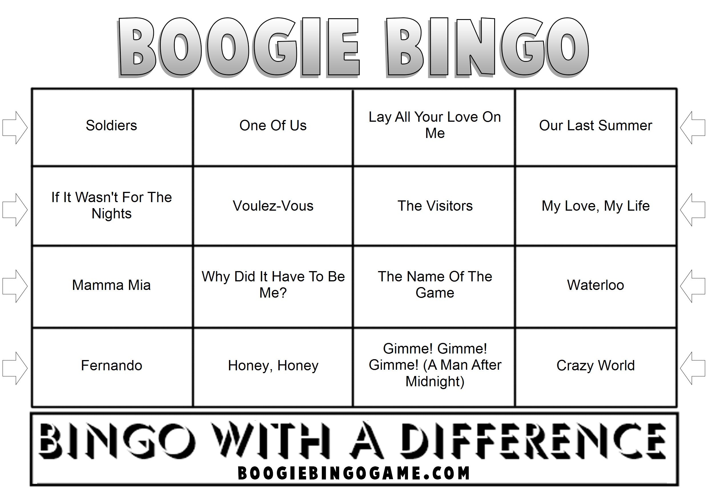 Printable ABBA music bingo cards with 48 classic hits including Waterloo and Super Trouper