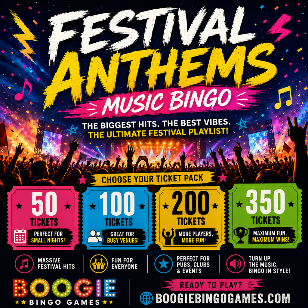 Festival Anthems Music Bingo Available in 0, 100, 200 and 350 Music Bingo Tickets