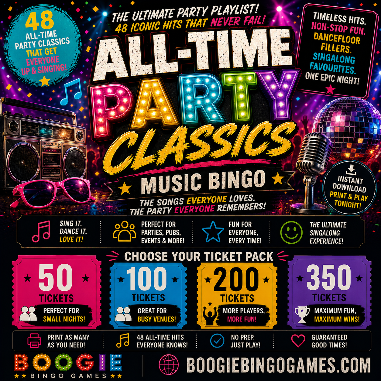 All-Time Party Classics Music Bingo - Available in 50, 100, 200 and 350 Tickets
