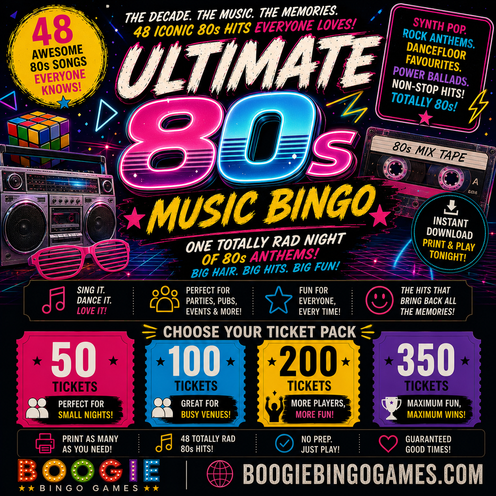 Ultimate 80s Music Bingo - Available in 50, 100, 200 and 350 Ticket Options