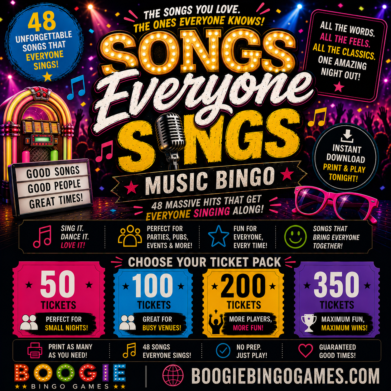Songs Everyone Sings Music Bingo - Available in 50, 100, 200 and 350 Ticket Options
