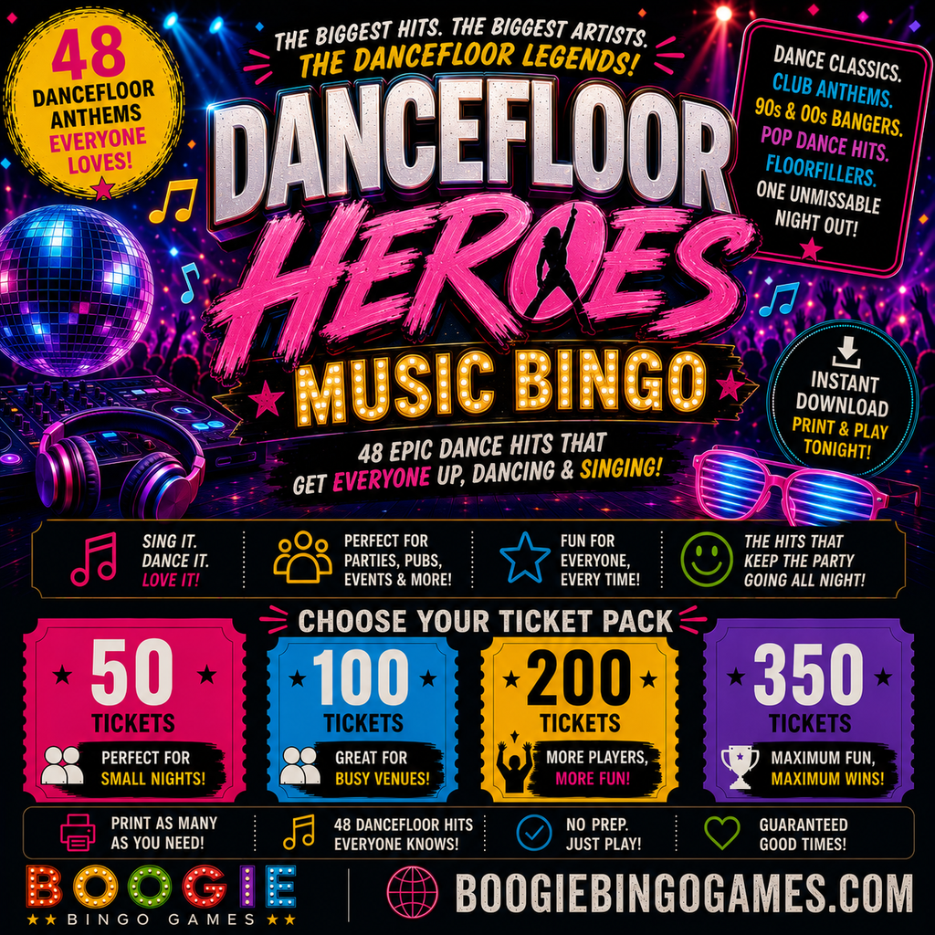Dancefloor Heroes Music Bingo - Available in 50, 100, 200 and 350 Ticket ptions