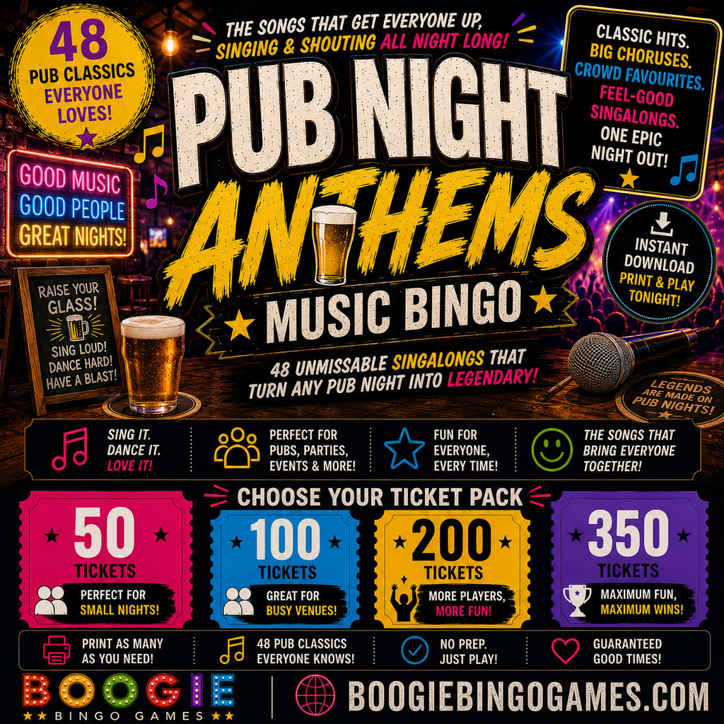 Pub Night Anthems Music Bingo - 50, 100, 200 or 350 Ticket Options