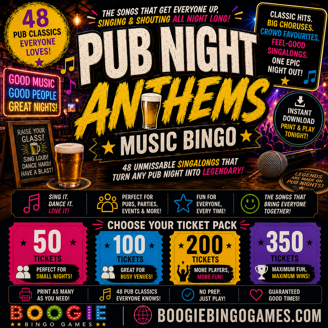 Pub Night Anthems Music Bingo - 50, 100, 200 or 350 Ticket Options