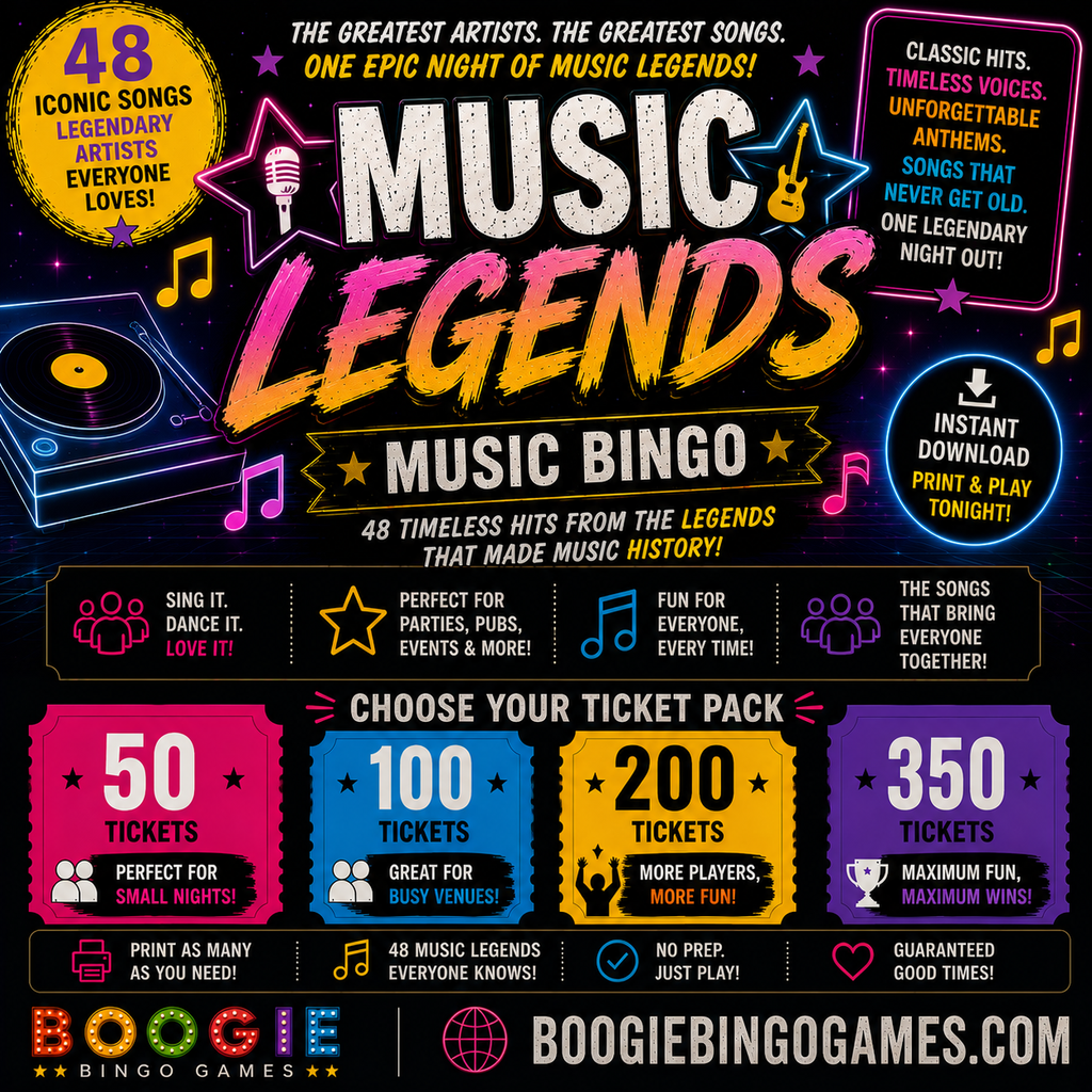 Music Legends Music Bingo - 0, 100, 200 and 350 Ticket Options