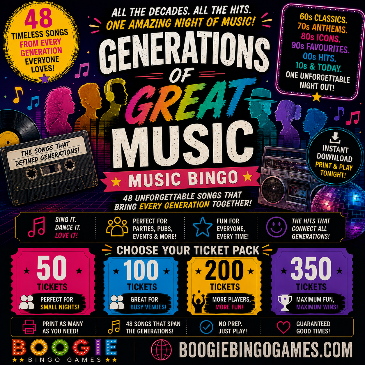 Generations of Great Music - Music Bingo - 50, 100, 200 or 350 Ticket Options