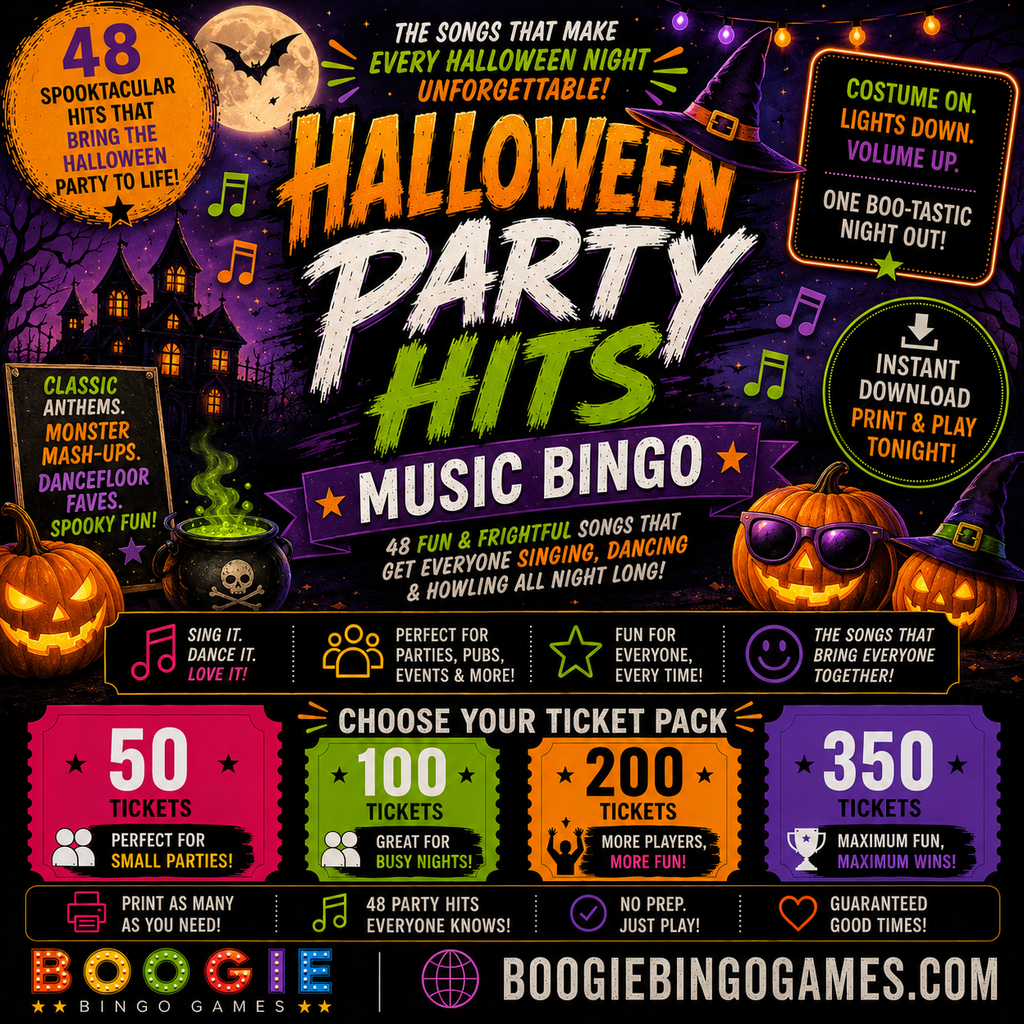 Halloween Party Hits Music Bingo In 50, 100, 200 and 350 Ticket Options