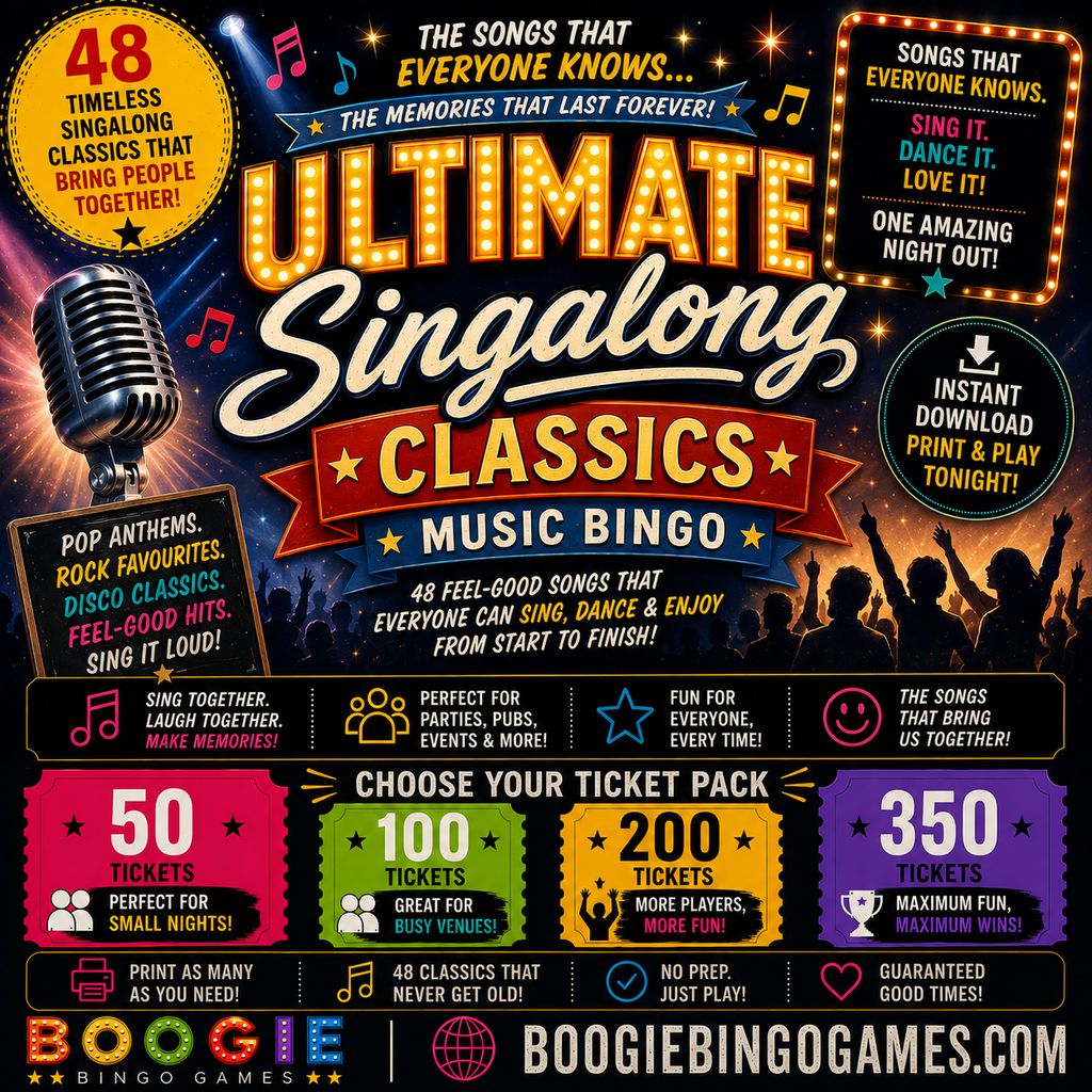 Ultimate Singalong Classics Music Bingo in 50, 100, 200 and 350 Options