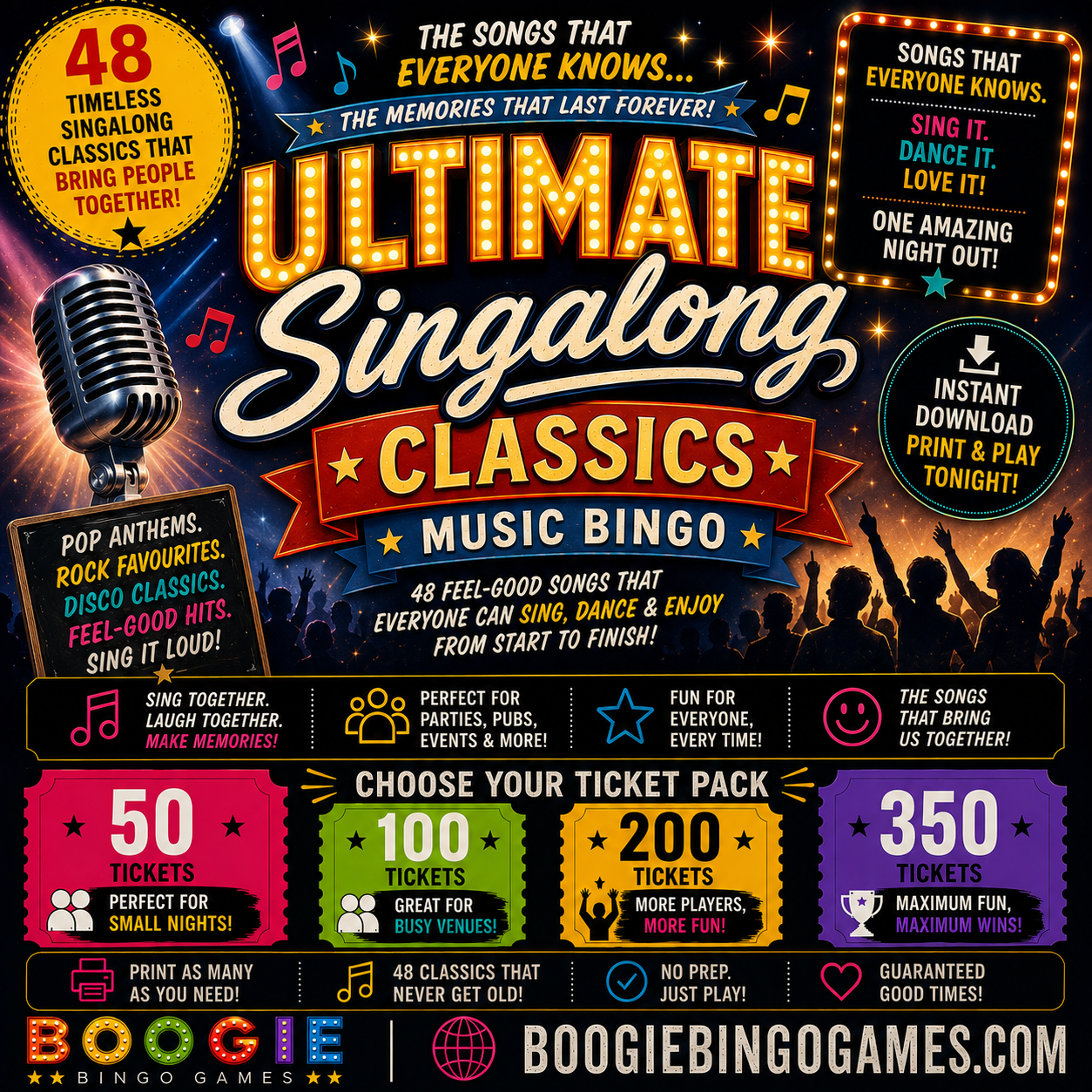 Ultimate Singalong Classics Music Bingo in 50, 100, 200 and 350 Options