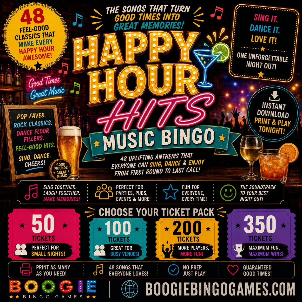 Happy Hour Hits Music Bingo in 50, 100, 200 and 350 Ticket Options