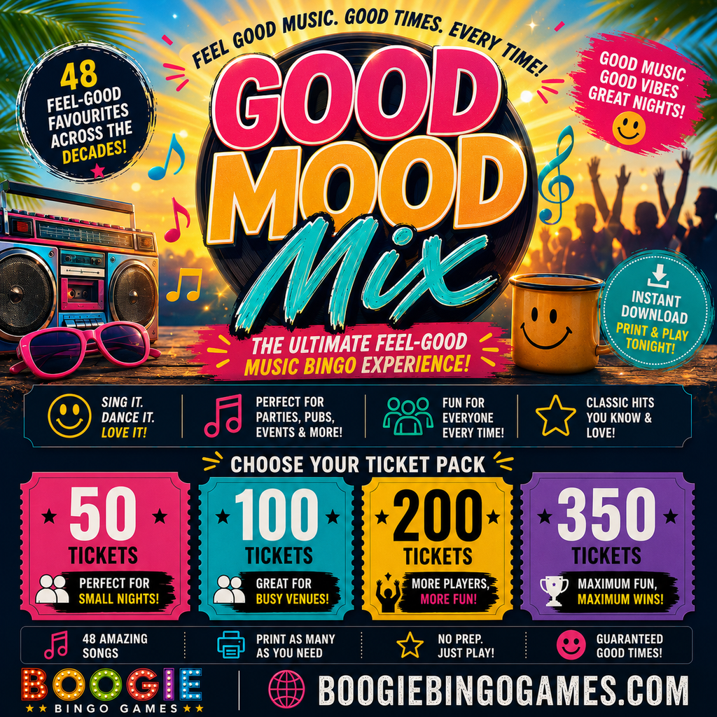 Good Mood Mix Music Bingo - Availabe In 50, 100, 200 and 350 Ticket Options