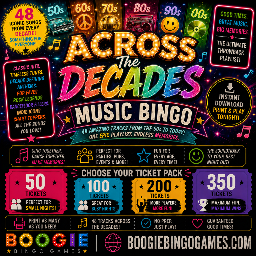 Across The Decades Music Bingo in 50, 100, 200 and 350 Ticket Options