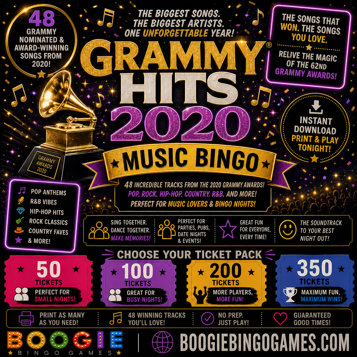 Grammy Hits 2020 Music Bingo in 50, 100, 200 and 350 Ticket Options