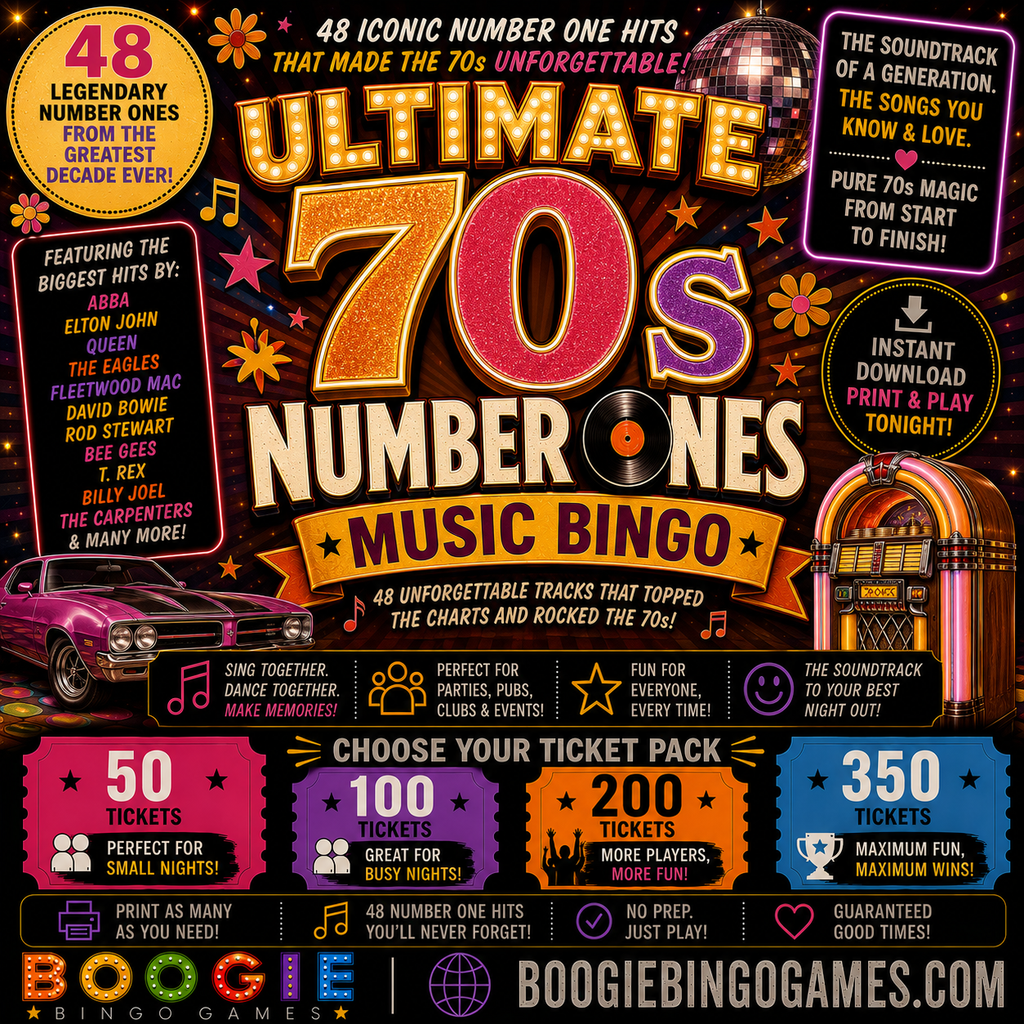 Ultimate 70s Number Ones Music Bingo in 50, 100, 200 and 350 Ticket Options
