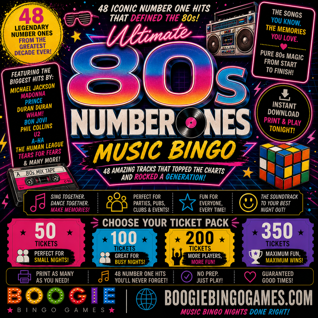 Ultimate 80s Number Ones Music Bingo in 50, 100, 200 and 350 Ticket Options