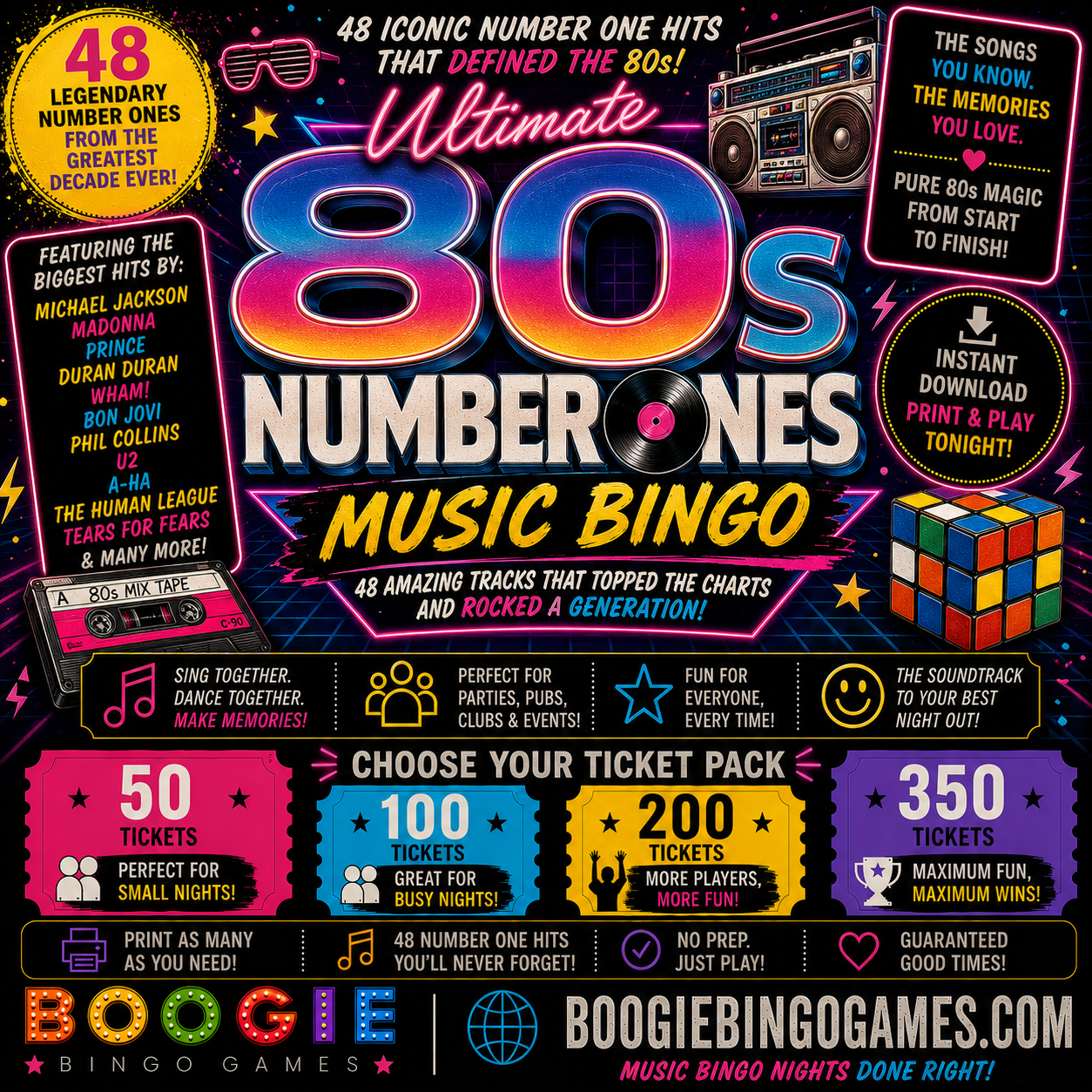 Ultimate 80s Number Ones Music Bingo in 50, 100, 200 and 350 Ticket Options