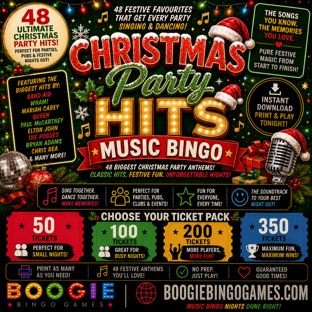 Christmas Party Hits usic Bingo in 50, 100, 200 and 350 Ticket Options