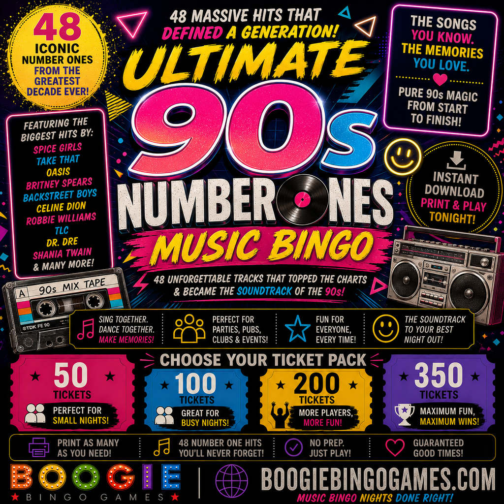 Ultimate 90s Number Ones Music Bingo in 50, 100, 200 and 350 Ticket Options