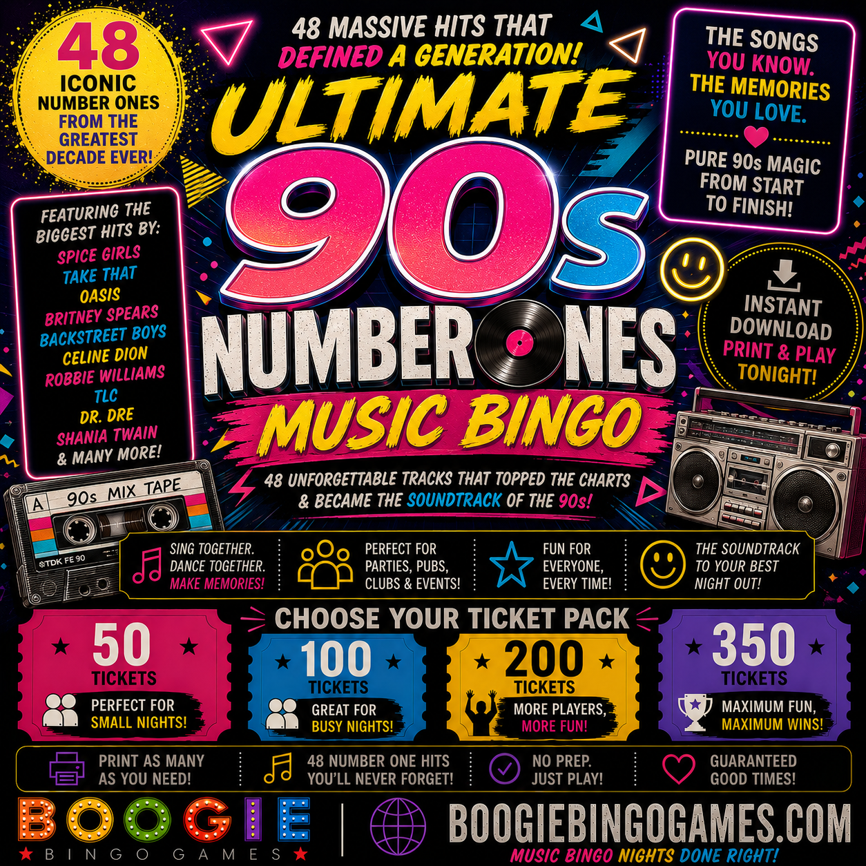 Ultimate 90s Number Ones Music Bingo in 50, 100, 200 and 350 Ticket Options