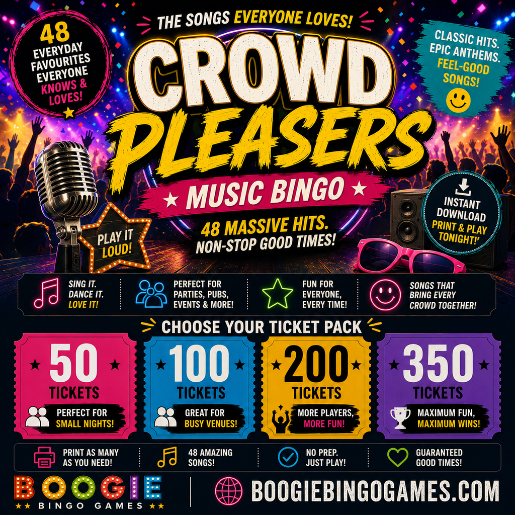 Crowd Pleasers Music Bingo - Available in 50, 100, 200 and 350 Ticket Options