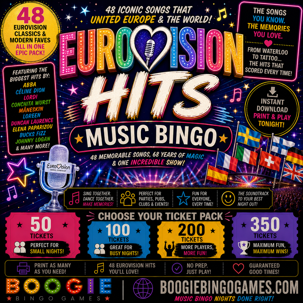 Eurovision Hits Music Bingo- Available in 50, 100, 200 and 350 Ticket Options