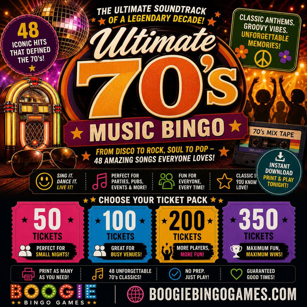 Ultimate Seventies Music Bingo - Available in 50, 100, 200 and 350 Ticket Options