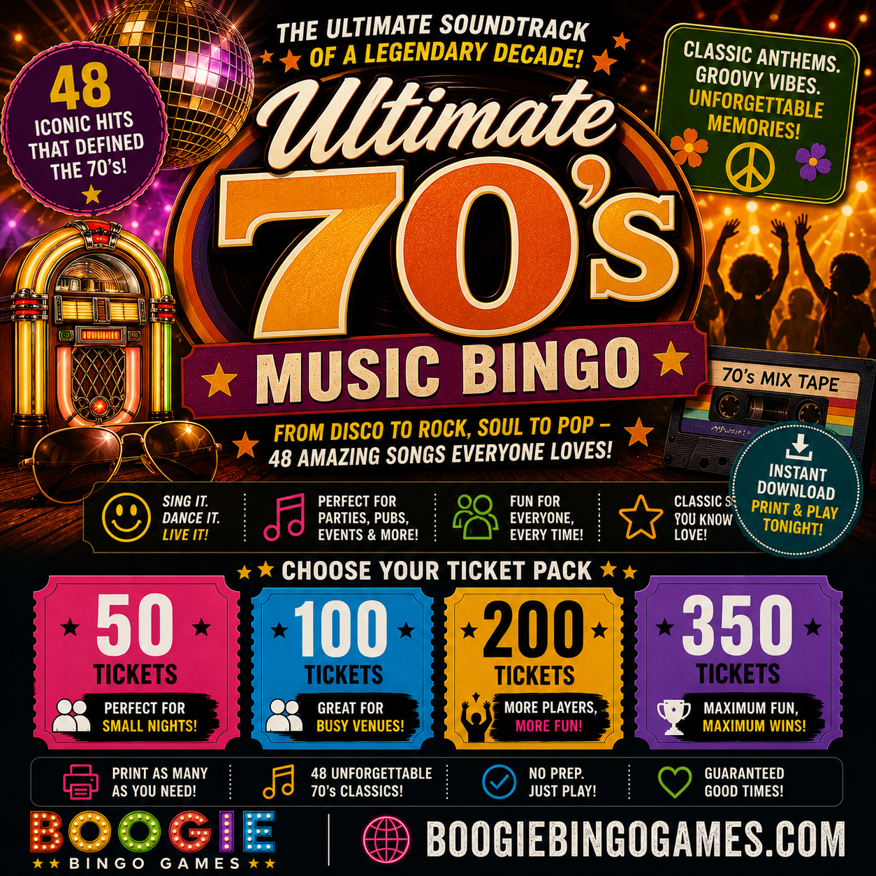 Ultimate Seventies Music Bingo - Available in 50, 100, 200 and 350 Ticket Options