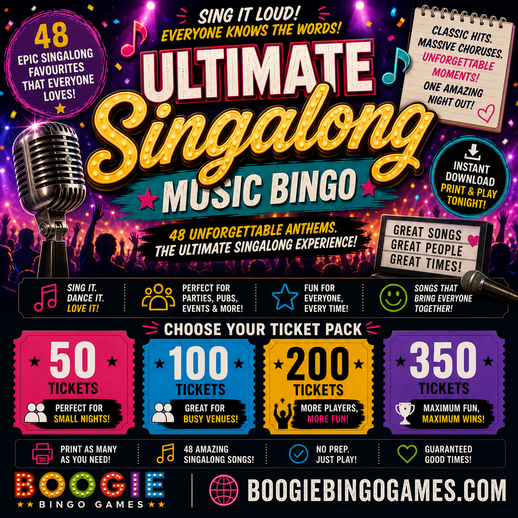Ultimate Singalong Music Bingo - Available In 50, 100, 200 or 350 Ticket Options