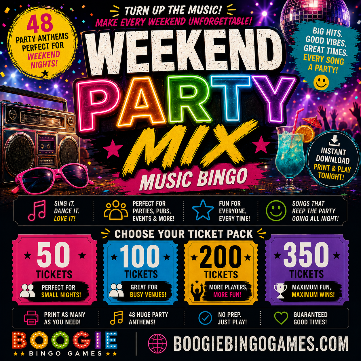 Weekend Party Mix Music Bingo - Available In 50, 100, 200 and 350 Ticket Options
