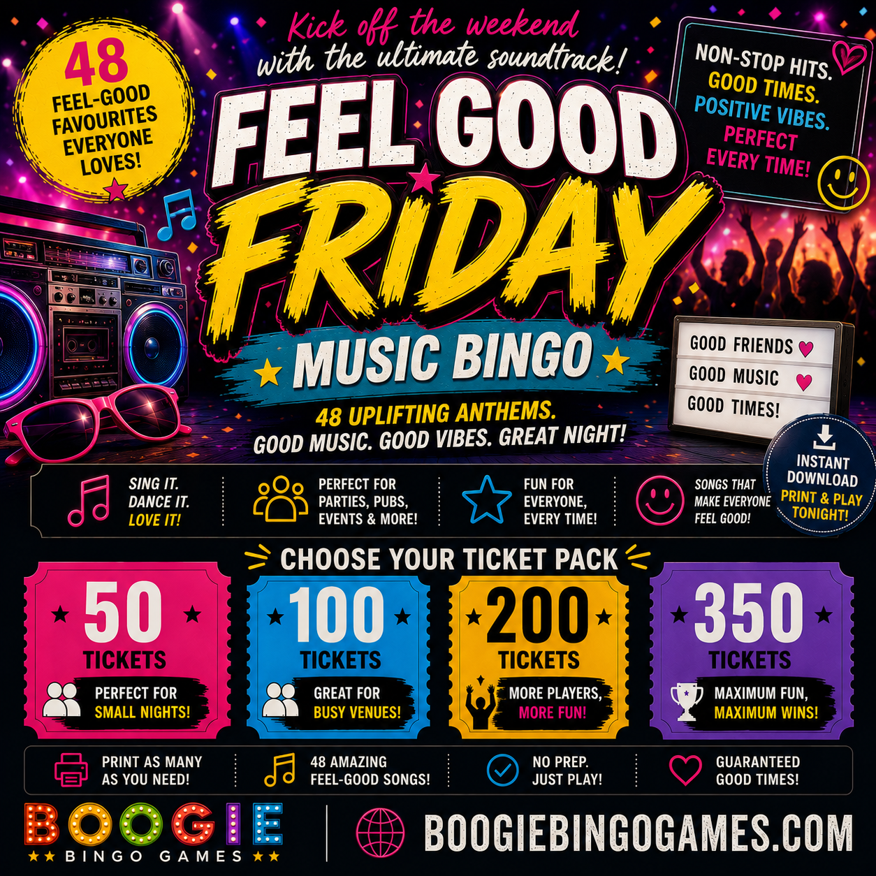 Feel Good Friday Music Bingo - Available In 50, 100, 200 and 350 Ticket Options