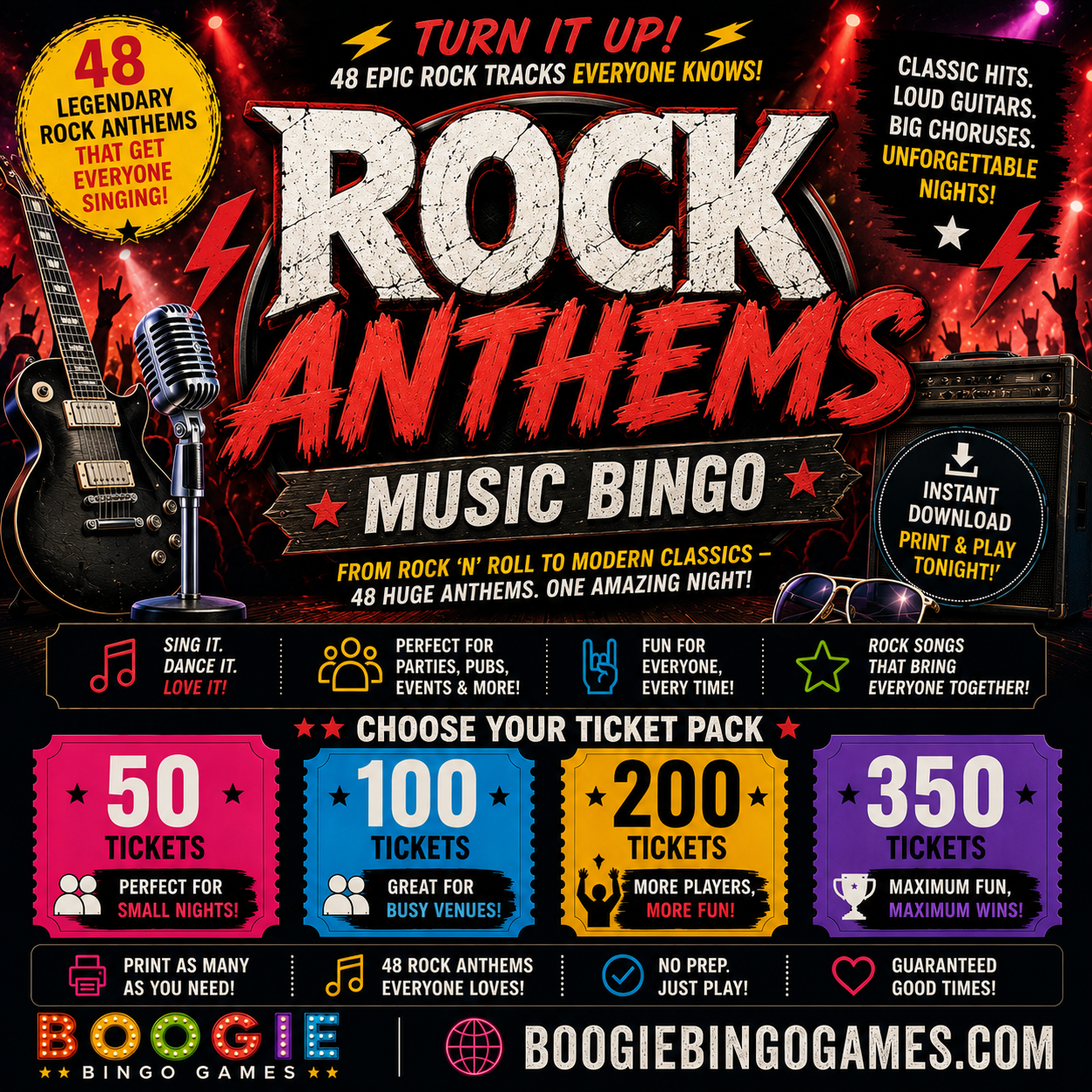 Rock Anthems Music Bingo - Available in 50, 100, 200 and 350 Ticket Options