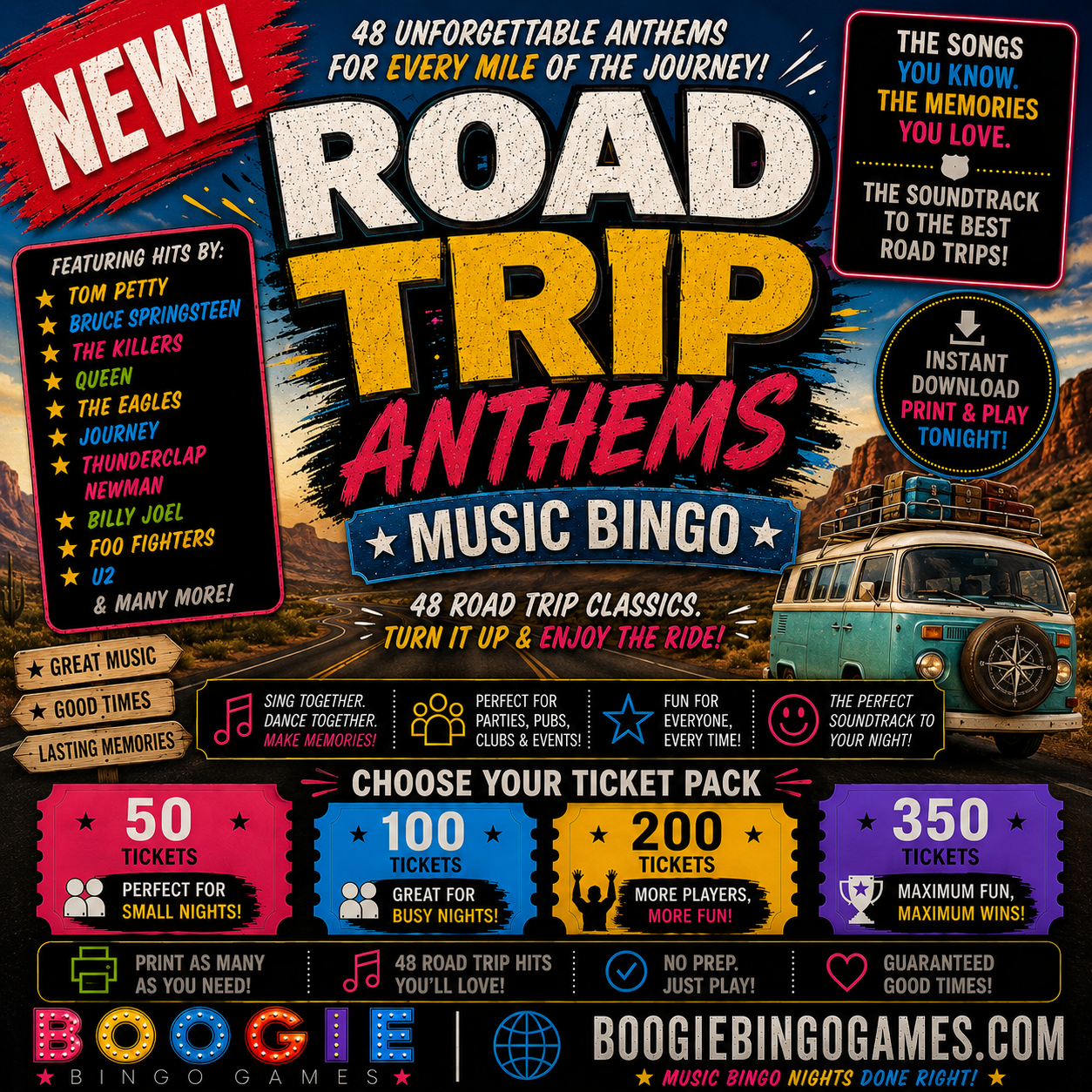Road Trip Anthems Music Bingo - Available In 50, 100, 200 and 350 Ticket Options