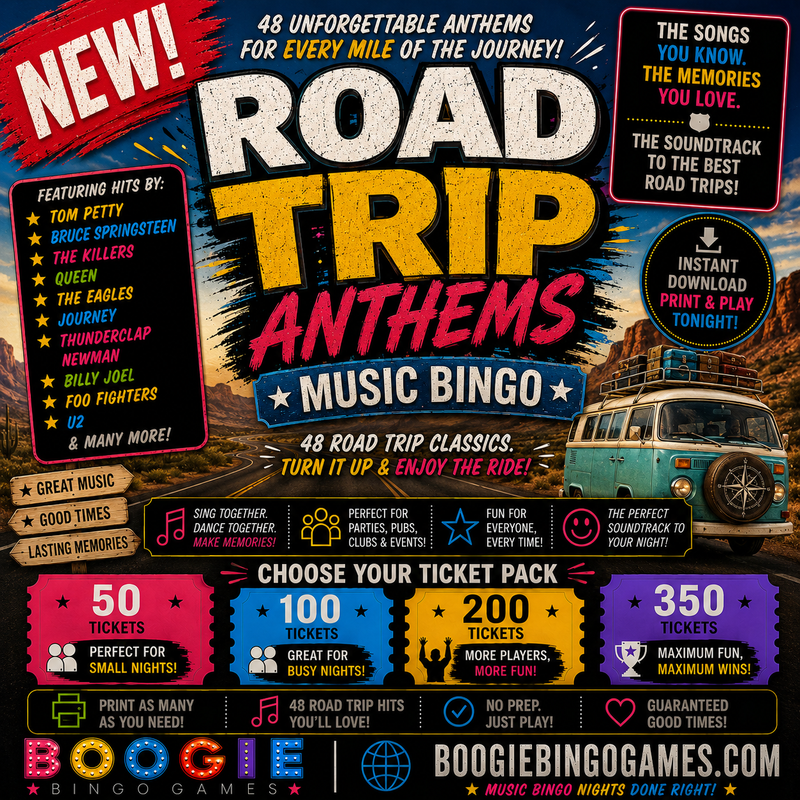 Road Trip Anthems Music Bingo - Available In 50, 100, 200 and 350 Ticket Options