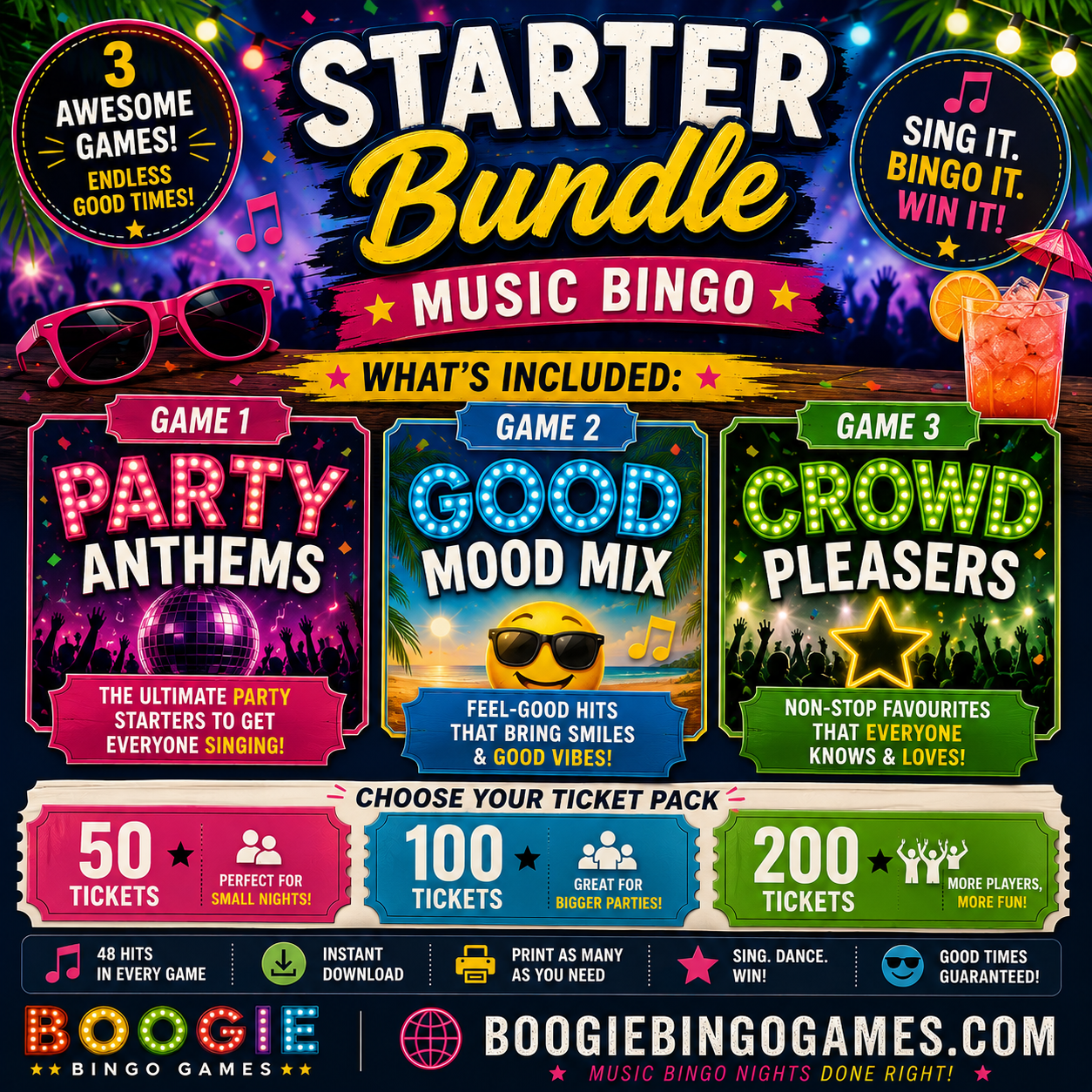 Starter Bundle Music Bingo - Games 1, 2 and 3 printable party games. Available in 50, 100 and 200 ticket options
