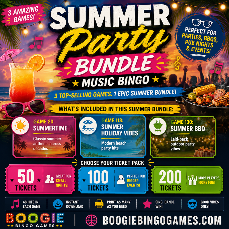 Summer Party Bundle Music Bingo -  Great Games - 50-200 Ticket Options