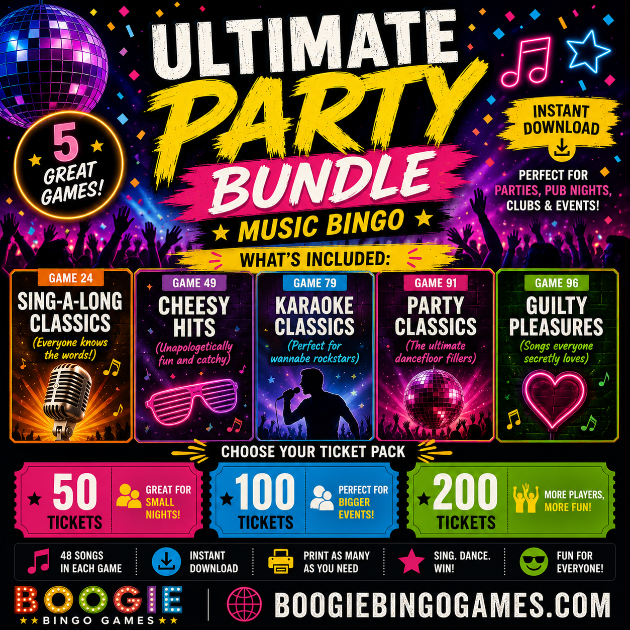 Ultimate Party Bundle Music Bingo - 5 Great Games - 50-200 Ticket Options
