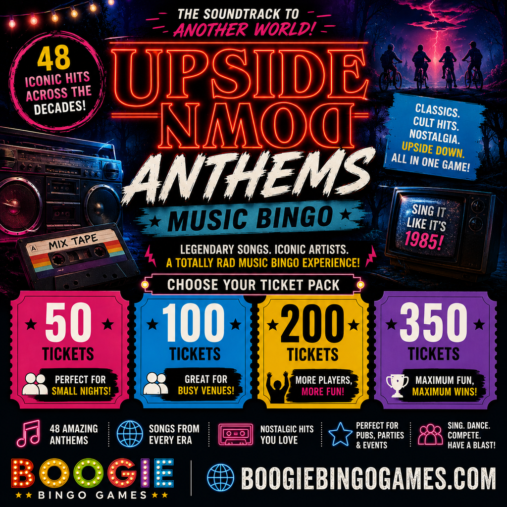 Upside Down Anthems Music Bingo Available in 50, 100, 200 and 350 Ticket Options