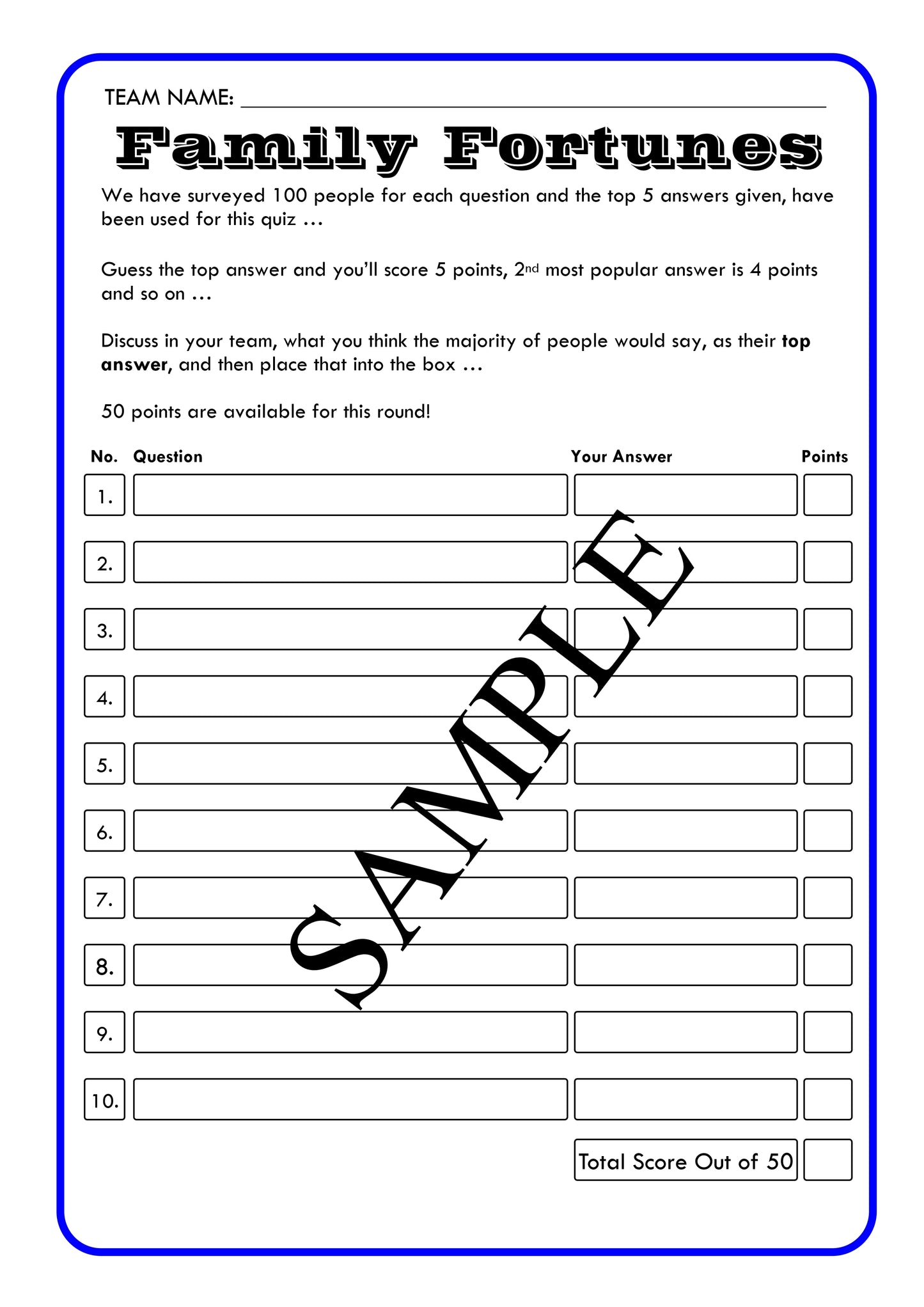 Family Fortunes Blank Template | Family Fortunes Questions And Answers | Instant Download