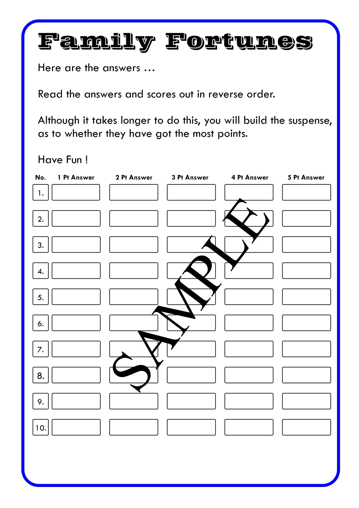 Family Fortunes Blank Template | Family Fortunes Questions And Answers | Instant Download